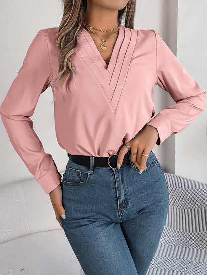 Meta  Digital Store  Fashion V-Neck Long Sleeve Shirt Elegant Commuter Solid Blouse Office Women's Clothing