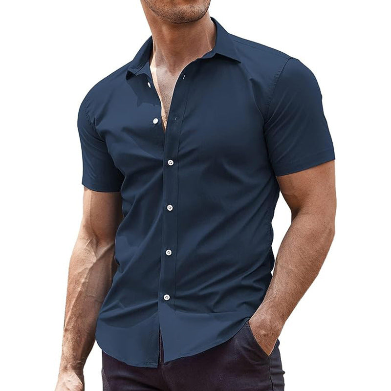 Meta Digital Store Summer Men's Solid Color Sports Casual Cardigan Business Casual Shirt Short Sleeve Lapel Shirt