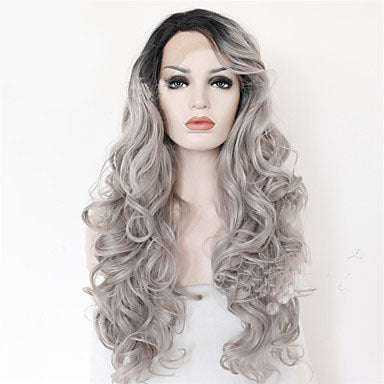 Meta Digital Store  2 Tones synthetic lace wig grey black Ombre wavy wigs long curly hair