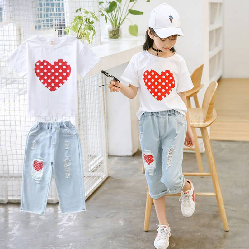 Meta Digital Store Girls Clothes Girls White T-shirt Ripped Jeans Kids Suit