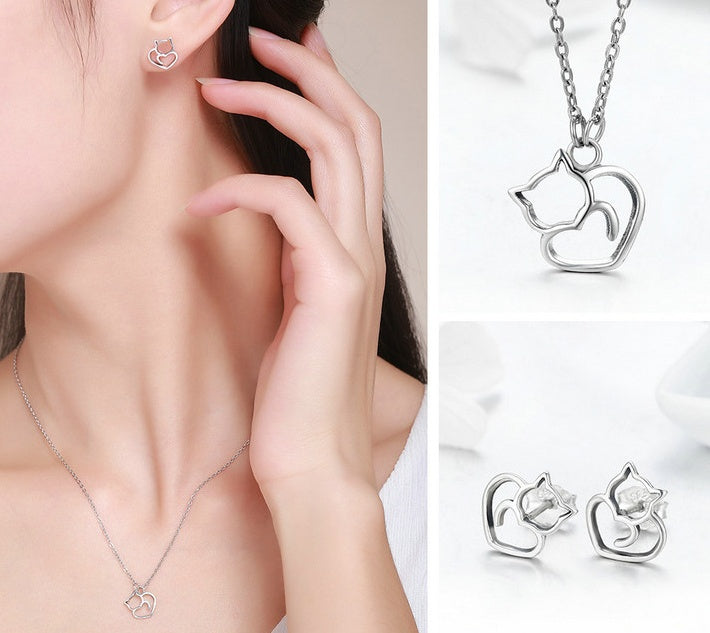 Meta Digital Store Fashion Neckles Platinum Platinum 925 Sterling Silver Cat Heart Necklace