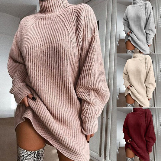 Meta  Woman Fashion  Solid Turtleneck  Long Sweater Winter Warm Women Sweater Dress