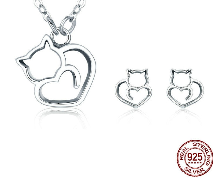 Meta Digital Store Fashion Neckles Platinum Platinum 925 Sterling Silver Cat Heart Necklace