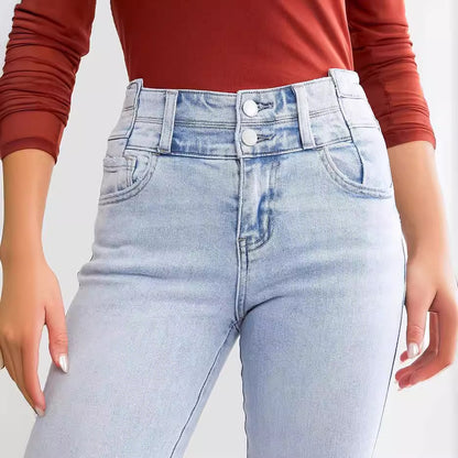 Meta Digital Store Women Jeans Fashion  Women's High Waist Button Row Elastic Denim Pants