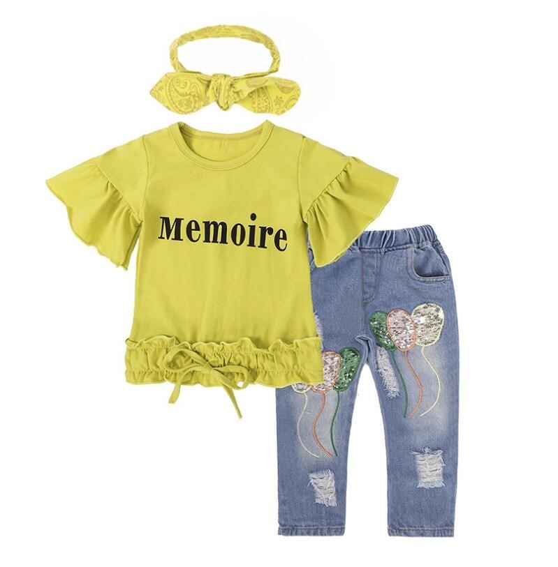 Meta Digital Store Girls Clothes Girls Clothing Cotton Yellow Letter T-Shirt Jeans Suit