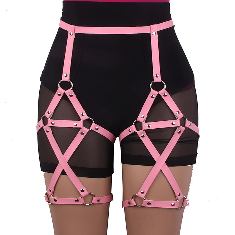 metadigitalstore.com  Double-row Cross Adjustable Leather Leg Ring Belt Integrated Suspenders