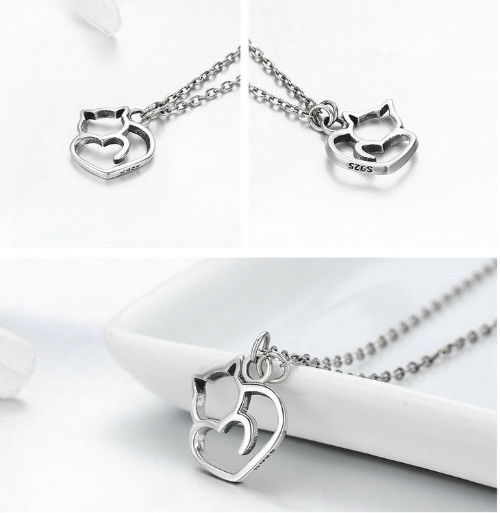 Meta Digital Store Fashion Neckles Platinum Platinum 925 Sterling Silver Cat Heart Necklace