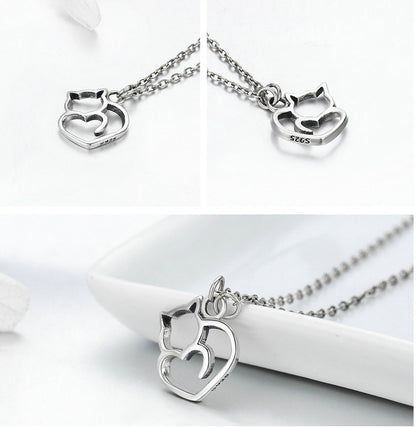 Meta Digital Store  Fashion Neckleses Platinum Plated 925 Sterling Silver Cat Heart Necklace