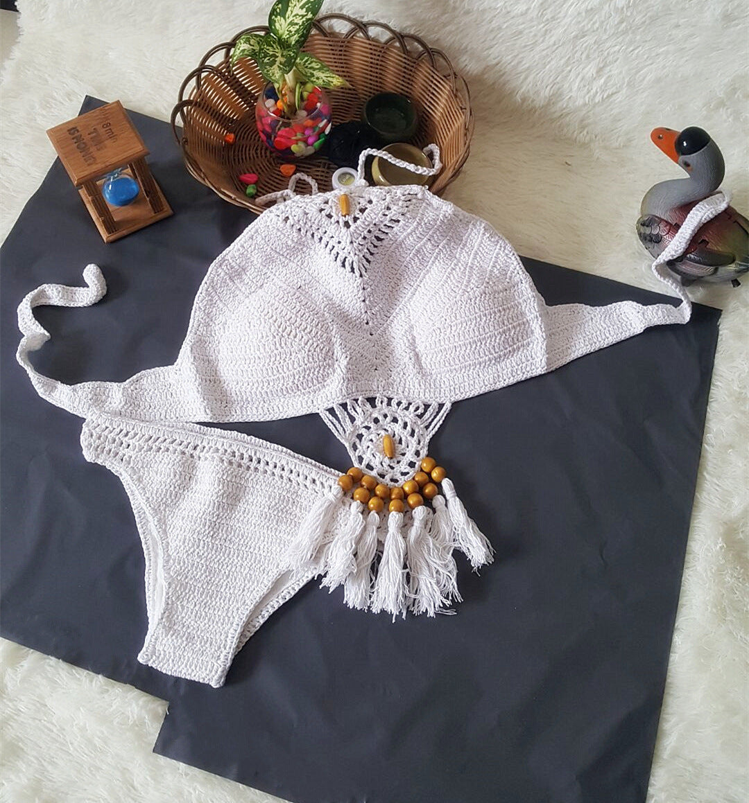 Meta  Digital Store  2021 Europe and the United States new woman swimsuit set, beach sunshine bath, foreign trade Crochet  Crochet  tassel bikini