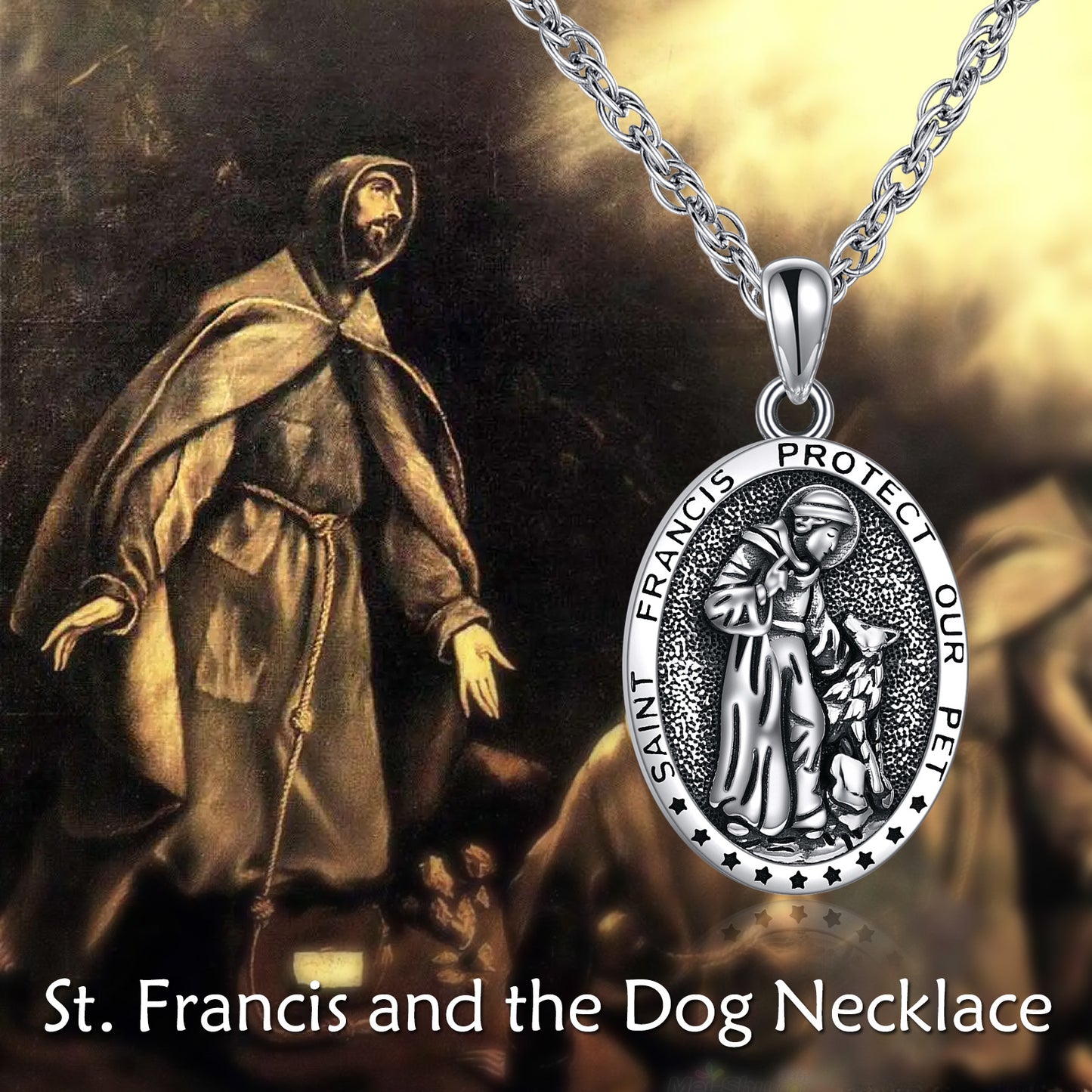 Meta  Digital Store  Sterling Silver St Francis Religious Medal Pendant Necklace Jewelry