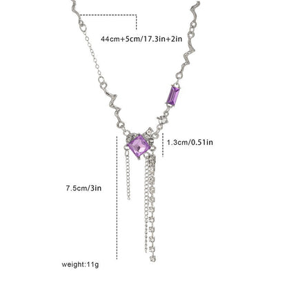 Meta Digital Store Jewelry Super Fairy Temperament Purple Square Crystal Necklace For Women, Sweet And Cool Long Style, Tassel Niche, High-end Design, Collarbone Chain