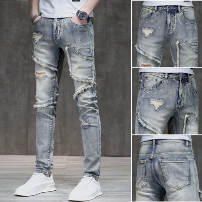 Meta Digital Store Jeans Distressed Raw Hem Ripped Stitching Stretch Denim Trousers