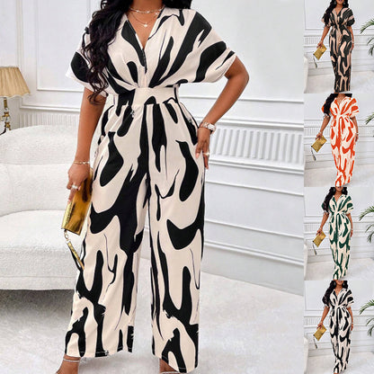 Meta  Digital Store  V-neck Loose Printed Long Jumpsuit