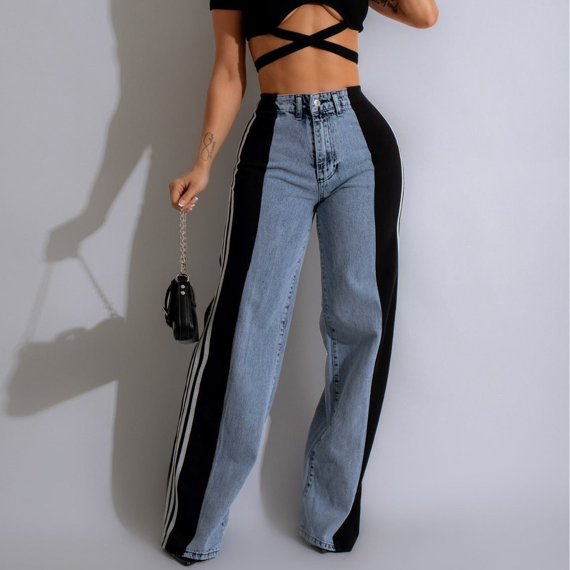 Meta  Digital Store  2024 Fashion Casual High Waist Elastic Straight Leg Trousers Three Stripe Patchwork Denim Wide Leg Pants Streetwear