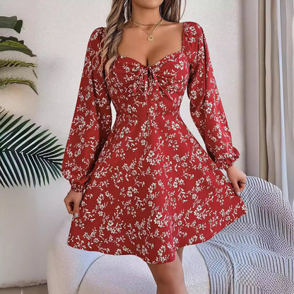 Meta  Digital Store  Fashion Floral Print Lantern Sleeve Dress Casual Sexy Tie Square Neck Long Sleeve A-Line Dress Women's Clothing