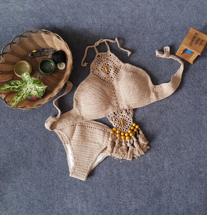 Meta  Digital Store  2021 Europe and the United States new woman swimsuit set, beach sunshine bath, foreign trade Crochet  Crochet  tassel bikini