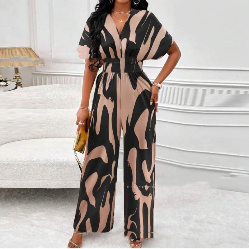 Meta  Digital Store  V-neck Loose Printed Long Jumpsuit