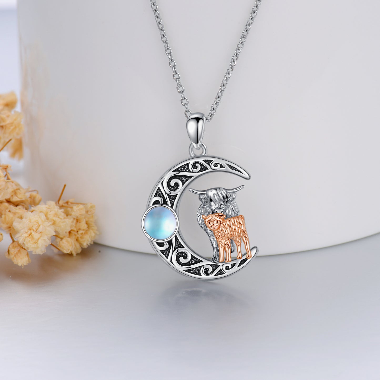 Meta  Mother Mother  Kids Highland Cow Moon 925 Sterling Silver Necklace With Moonstone