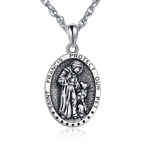 Meta  Digital Store  Sterling Silver St Francis Religious Medal Pendant Necklace Jewelry