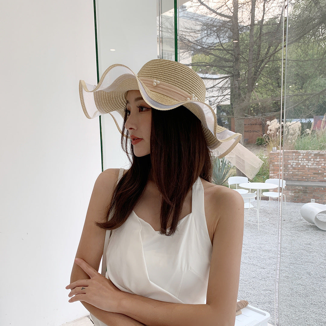 Digital  Woman Big  Brim Bow  Ribbon Beach Hat Summer Outdoor Sun Hat Wave Straw Hat Lace Edge Pearl Sun Hat