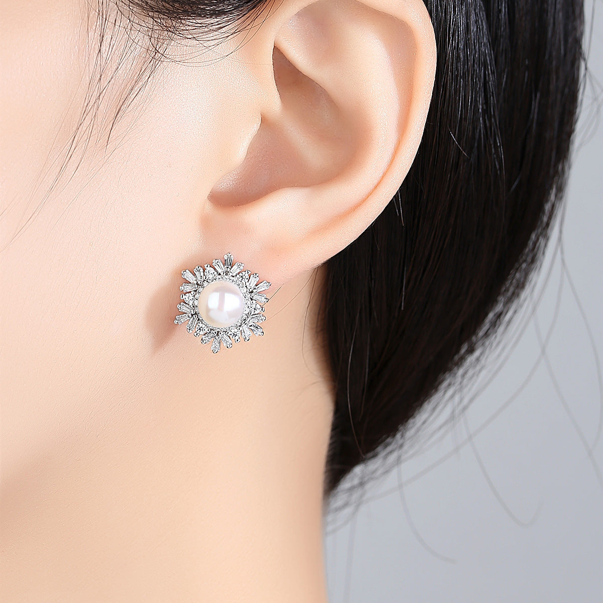 Sterling Silver Snowflake Stud Earrings Korean Gemstone Pearl Earrings Fashion Silver