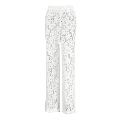 Cotton Lace White Jacquard See-through High Waist Casual Flared Pants