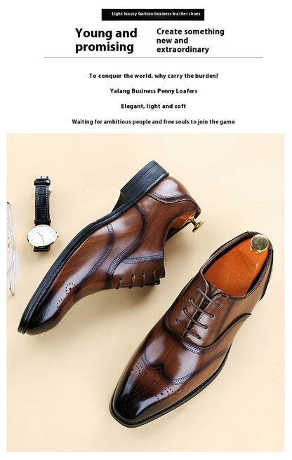 Man Shoe Store Formal Leather Shoes British Men Brogue Pointed-toe Lace