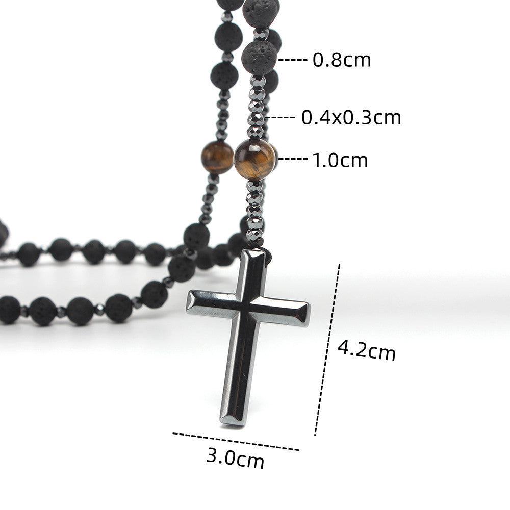 Meta Digital Store Bible Natural Stone Black Volcanic Rock Yellow Tiger Eyes Haematite Cross Religion Men's Necklace Beads