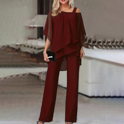 Meta  Digital Store  Solid Loose Irregular Suits Batwing Sleeve Top And Straight Trousers Outfits Womens Clothing