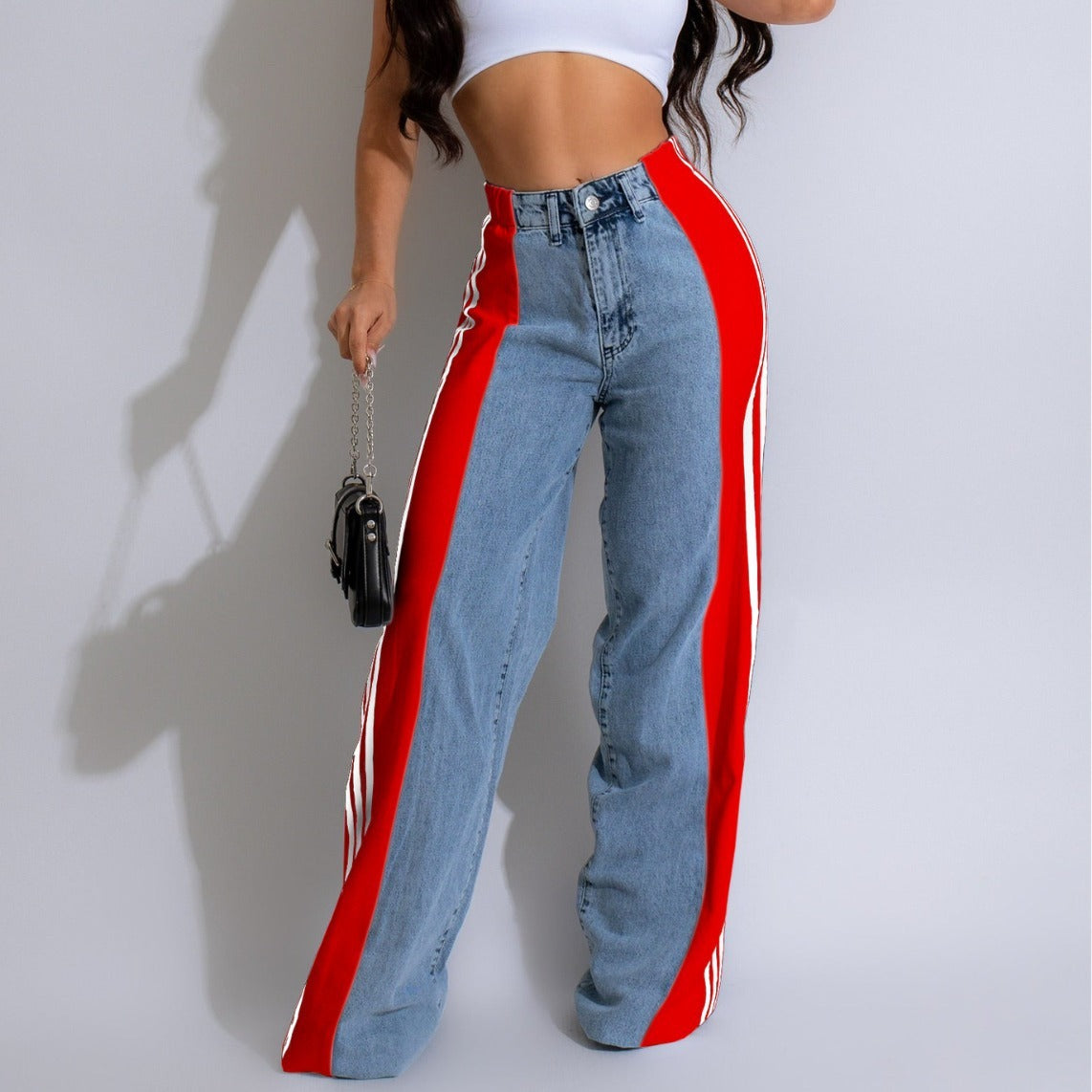 Meta  Digital Store  2024 Fashion Casual High Waist Elastic Straight Leg Trousers Three Stripe Patchwork Denim Wide Leg Pants Streetwear