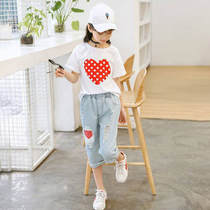 Meta Digital Store Girls Clothes Girls White T-shirt Ripped Jeans Kids Suit