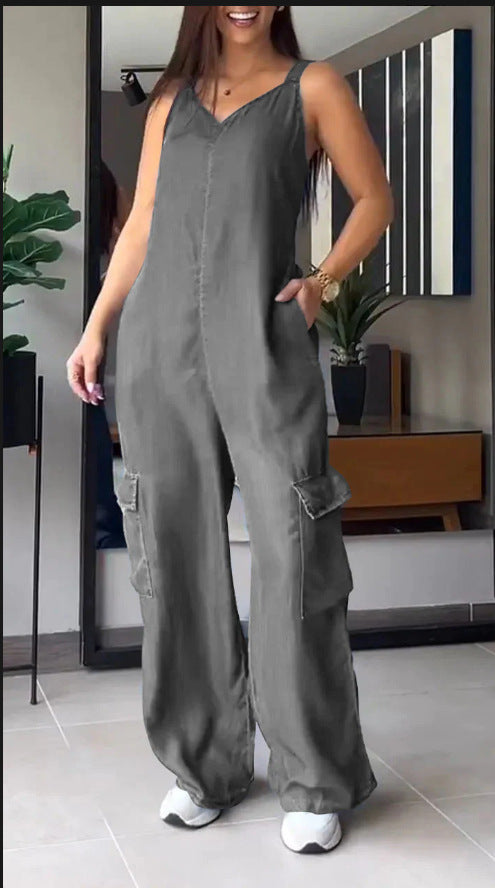 Meta Digital Store Women Jeans Fashion  European And American Thin Jeans Wear Pocket V-neck Jumpsuit