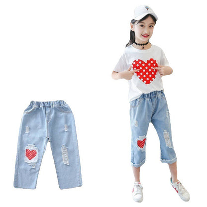 Meta Digital Store Girls Clothes Girls White T-shirt Ripped Jeans Kids Suit