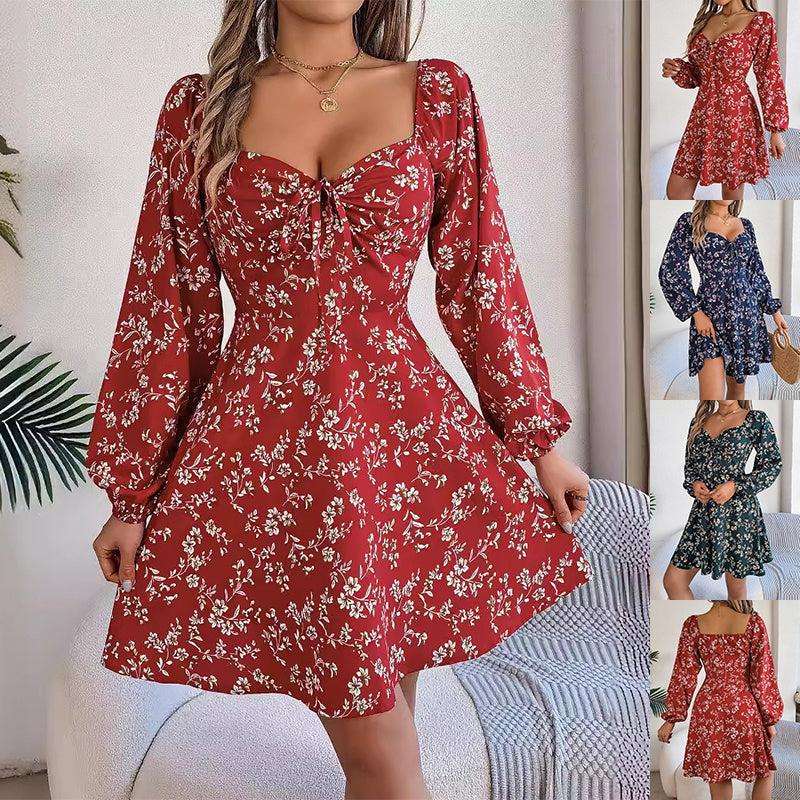 Meta  Digital Store  Fashion Floral Print Lantern Sleeve Dress Casual Sexy Tie Square Neck Long Sleeve A-Line Dress Women's Clothing