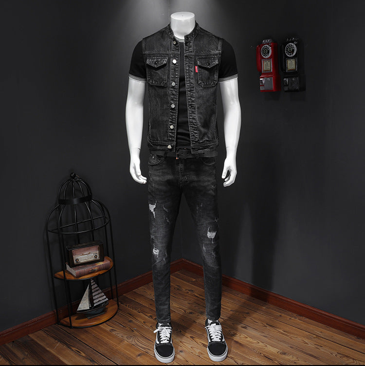 Meta  Digital Store  Harley Motorcycle Men's Uniform Black Stand-up Collar Plus Size Denim Vest