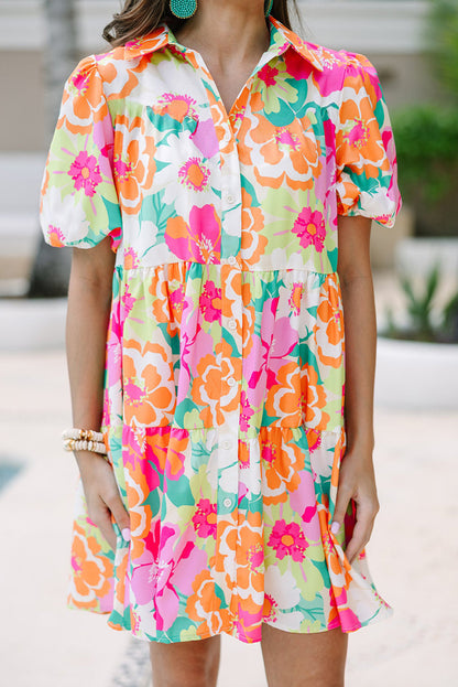 Summer Floral Print Puff Sleeve Dress