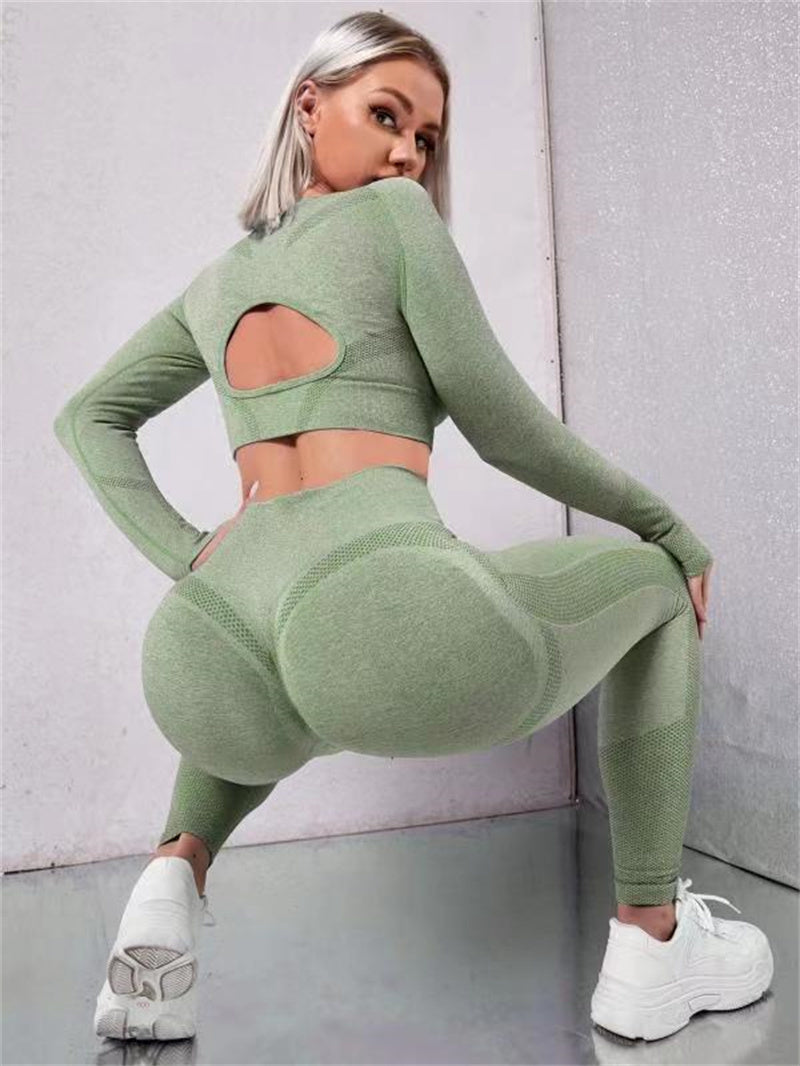 Meta  Woman Fashion  2pcs Sports Suits Long Sleeve Hollow Design Tops And Butt Lifting High Waist Seamless Fitness Leggings Sports Gym Sportswear Outfits Clothing