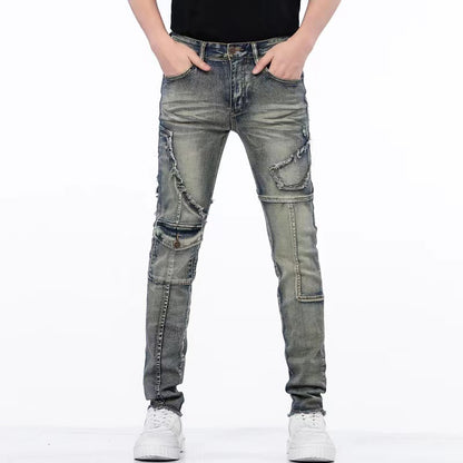 Meta Digital Store Jeans Distressed Raw Hem Ripped Stitching Stretch Denim Trousers