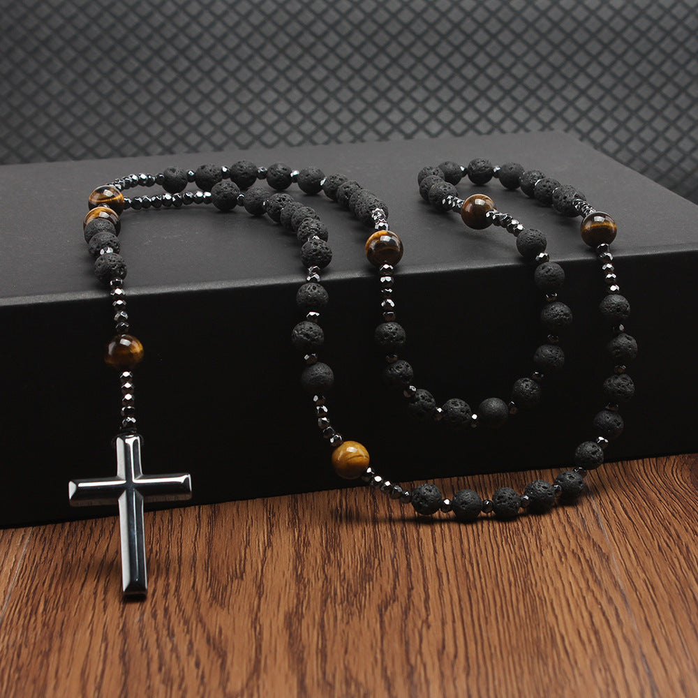 Meta Digital Store Bible Natural Stone Black Volcanic Rock Yellow Tiger Eyes Haematite Cross Religion Men's Necklace Beads