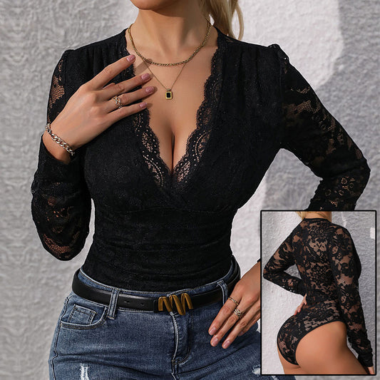 Meta  Digi Store  Women's Lace Up Long Sleeve Bodysuit Romper Sexy Deep V Neck Snap Crotch Leotard Tee Top For Women