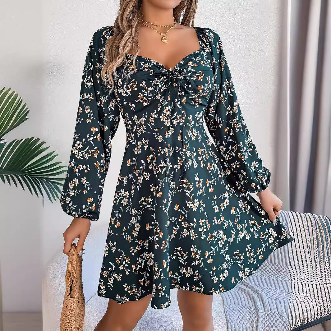 Meta  Digital Store  Fashion Floral Print Lantern Sleeve Dress Casual Sexy Tie Square Neck Long Sleeve A-Line Dress Women's Clothing