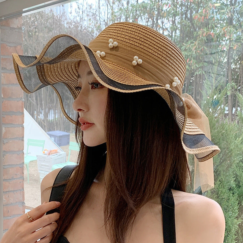 Digital  Woman Big  Brim Bow  Ribbon Beach Hat Summer Outdoor Sun Hat Wave Straw Hat Lace Edge Pearl Sun Hat