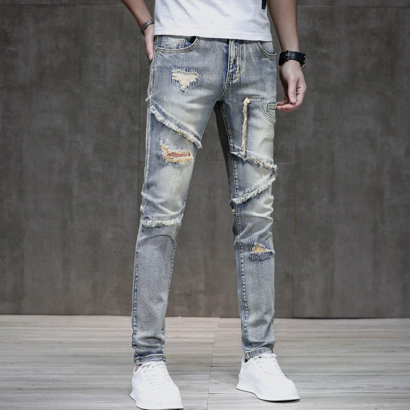 Meta Digital Store Jeans Distressed Raw Hem Ripped Stitching Stretch Denim Trousers