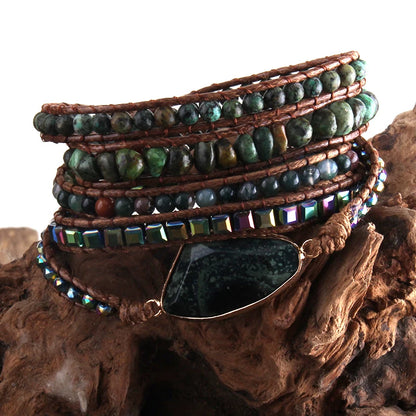 Mode Boho-armband Afrikaanse turkoois natuurlike klippe Grasgroen sjarme 5 stringe geweefde wrap armbande geskenk