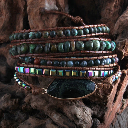 Mode Boho-armband Afrikaanse turkoois natuurlike klippe Grasgroen sjarme 5 stringe geweefde wrap armbande geskenk