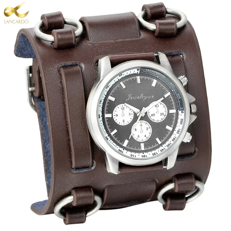 LANCARDO Manshorlosies Punk Retro Tachymetre Wye Band Horlosie Man Reloj Horlosie Leer Armband Quartz Military Man Polshorlosie