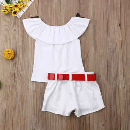 1-7 Years Infant Kid Baby Girls Clothes Set Off Shoulder 3D Rose Flower Ruffle White T-shirt Tops + Shorts Outfits Sets