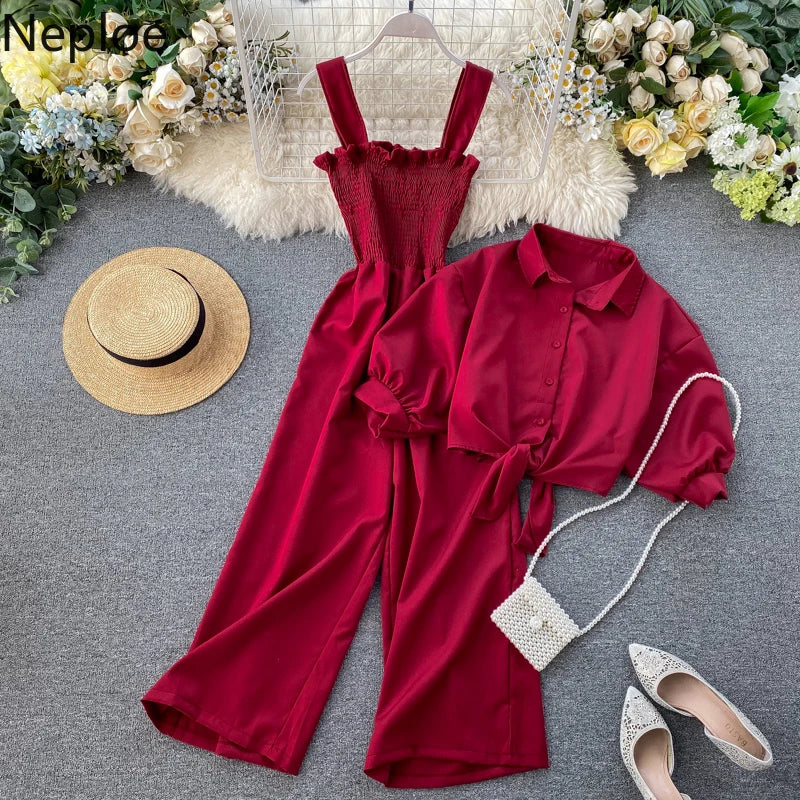 Neploe Summer Holiday 2 Pcs Women Set Sexy Slim Waist Pleat Design Wide Leg Jumpsuit + Turn Down Collar Short Sleeve Shirt Suit