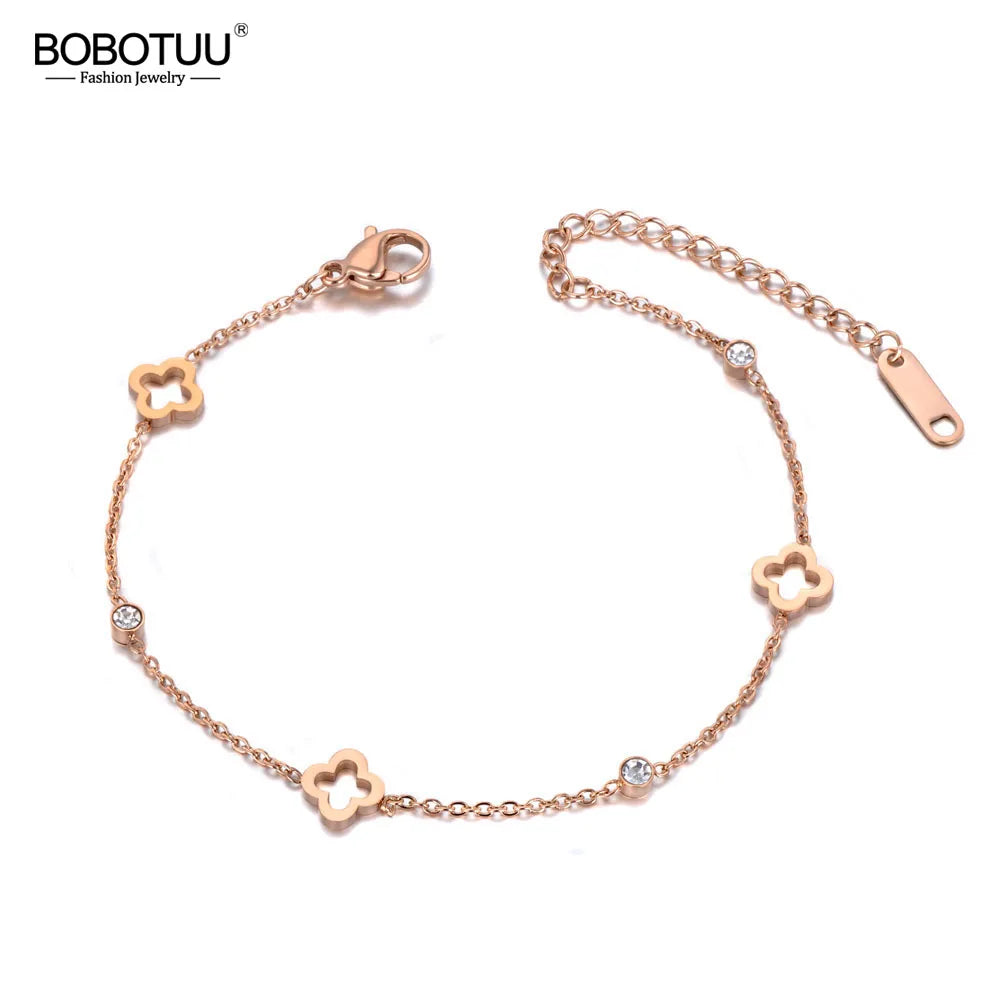 BOBOTUU Vlekvrye Staal CZ Kristal Blomplant Charm Armbande Vir Vroue Meisies Roosgoud Kleur Ketting &amp; Skakel Juweliersware BB19114