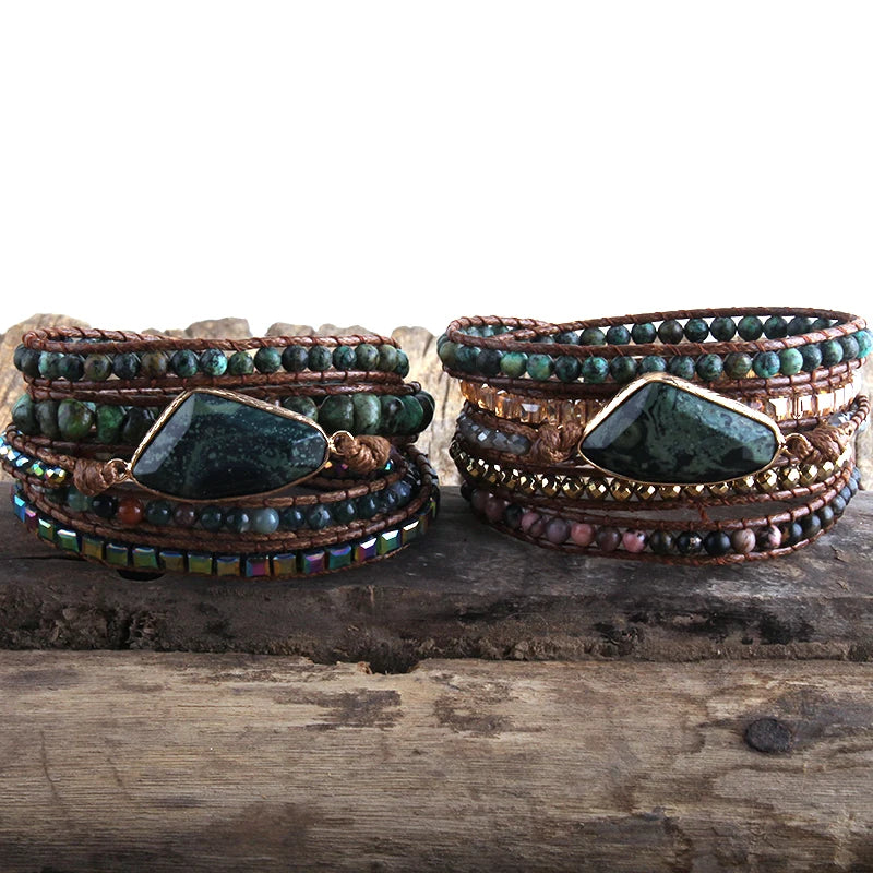 Mode Boho-armband Afrikaanse turkoois natuurlike klippe Grasgroen sjarme 5 stringe geweefde wrap armbande geskenk